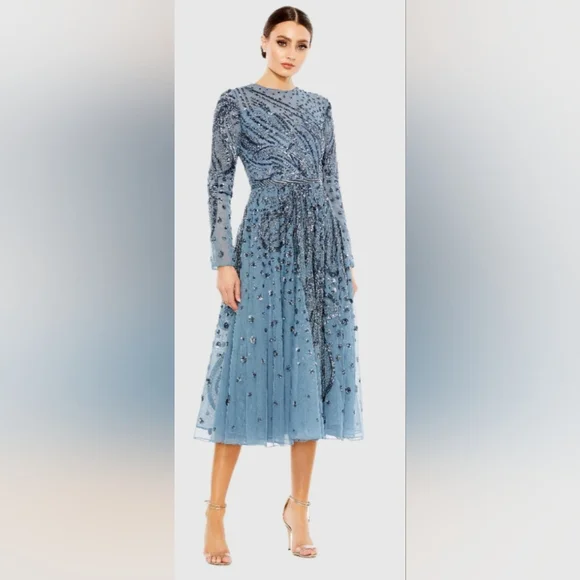 Mac Duggal - Blue High Neck Short Sleeve Crystal Fringe Sheath Dress - US 2